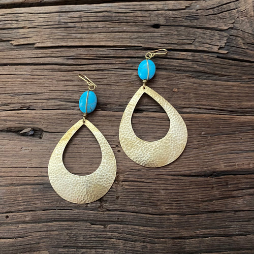Thick Brass Oval Turquoise Earrings