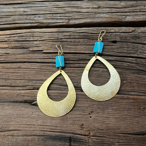 Thick Brass Oval Turquoise Earrings