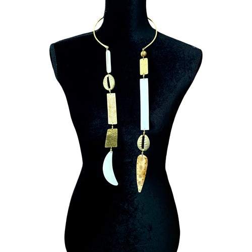 Brass Cowrie Double Tassel Necklace