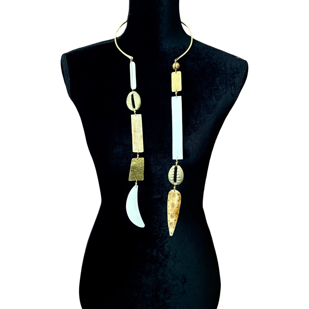 Brass Cowrie Double Tassel Necklace